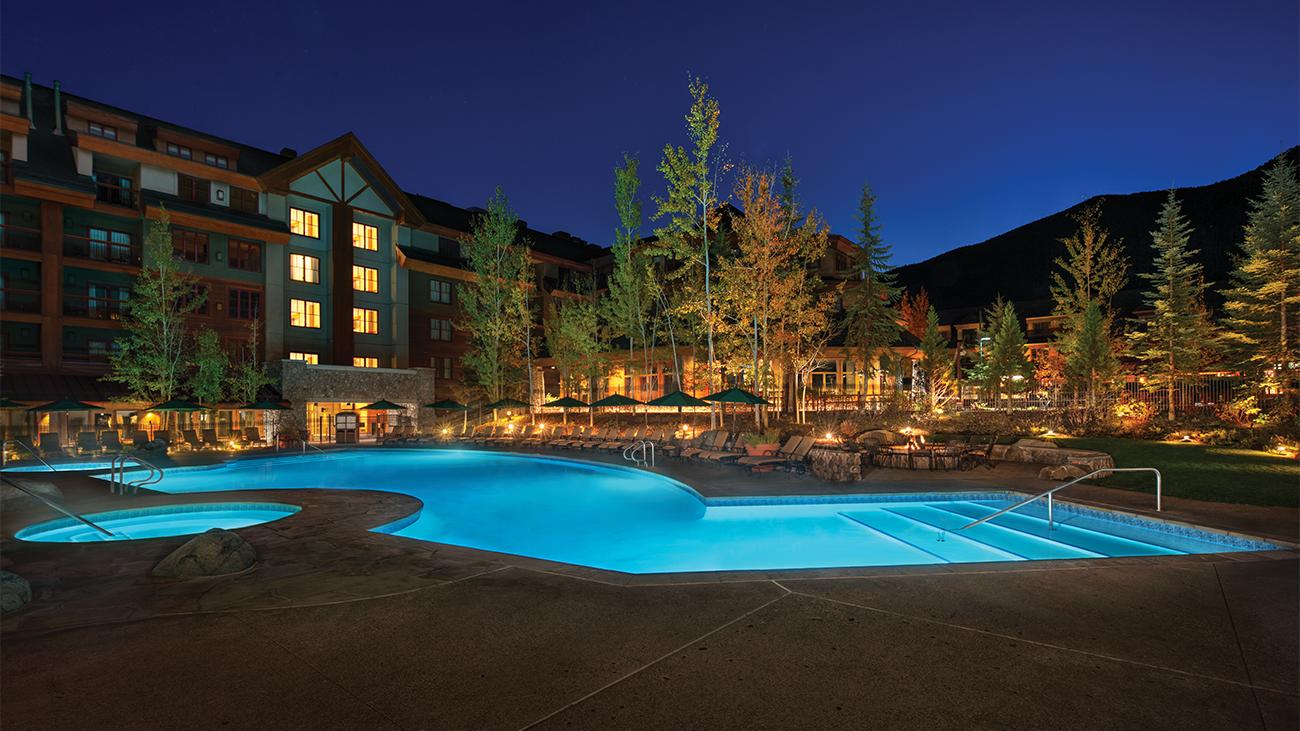 Illuminated pool at night at the Marriott's Grand Residence Club resort timeshare in Lake Tahoe